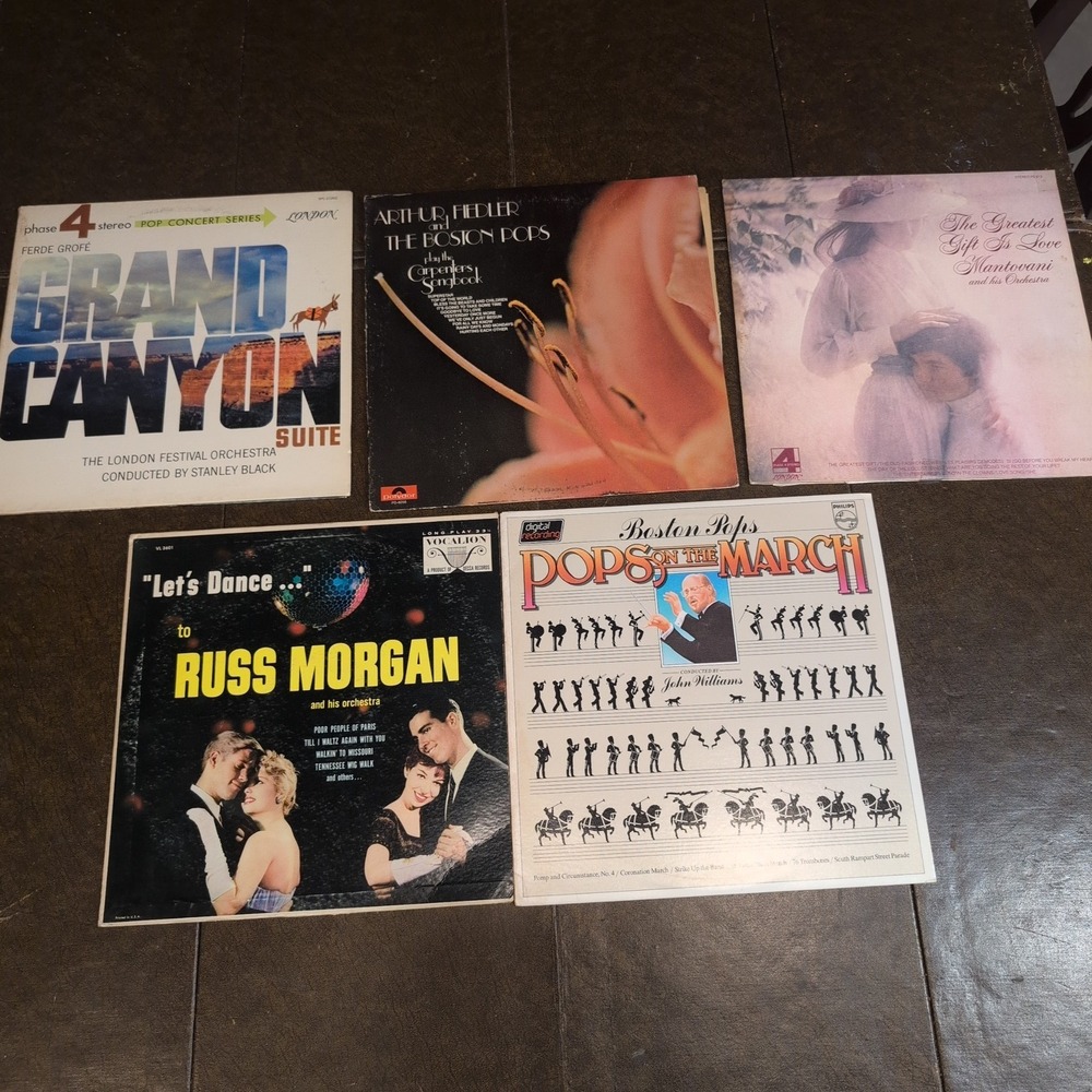 Lot‎ of 5 Vtg Vinyl Records Boston Pops John Williams Mantovani Russ Morgan LP
